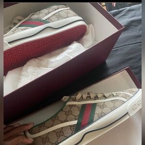 Gucci Beige Monogram Sneakers with Green Trim